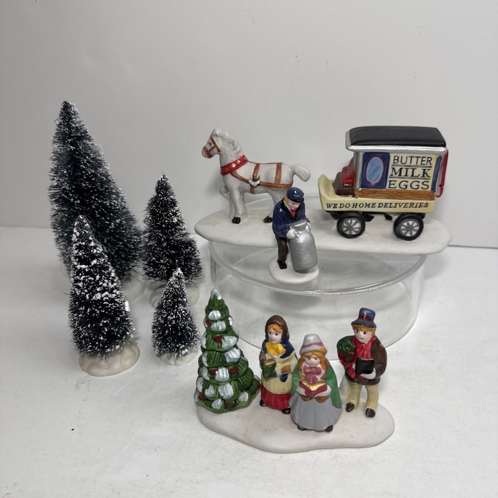 Lemax Butter Milk Eggs Cart, Carolers, & 4 Trees Lot No Reigns On Horse Vintage